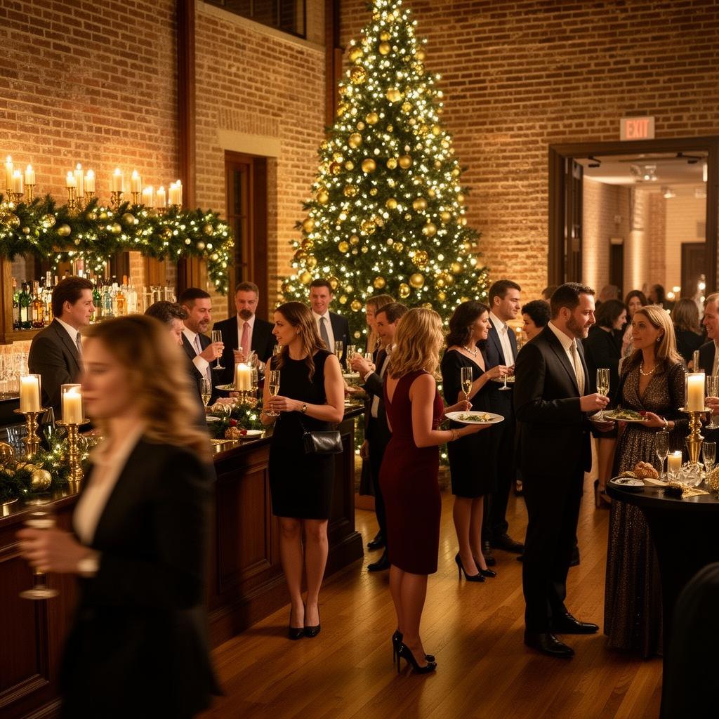 Charlottesville holiday party in full swing with guests in cocktail attire, a lit Christmas tree, and a candle-lit bar